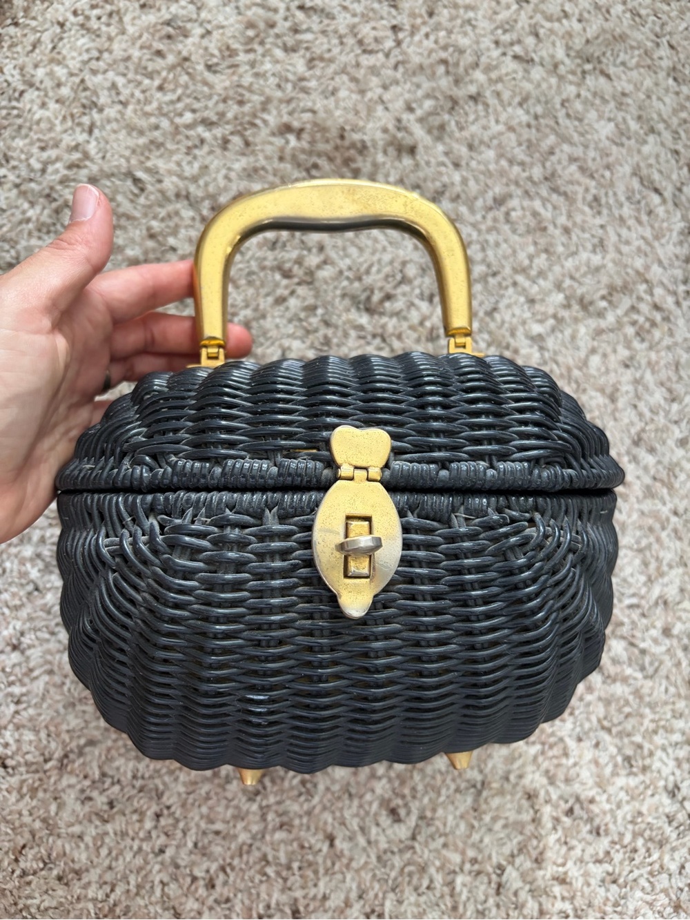 Vintage Black Wicker Top-Handle Handbag with Gold Hardware